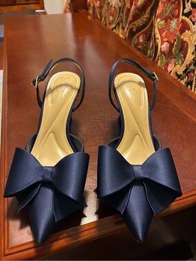 Jessica Simpson Navy Satin Pointed-Toe Slingback Heels with Bow